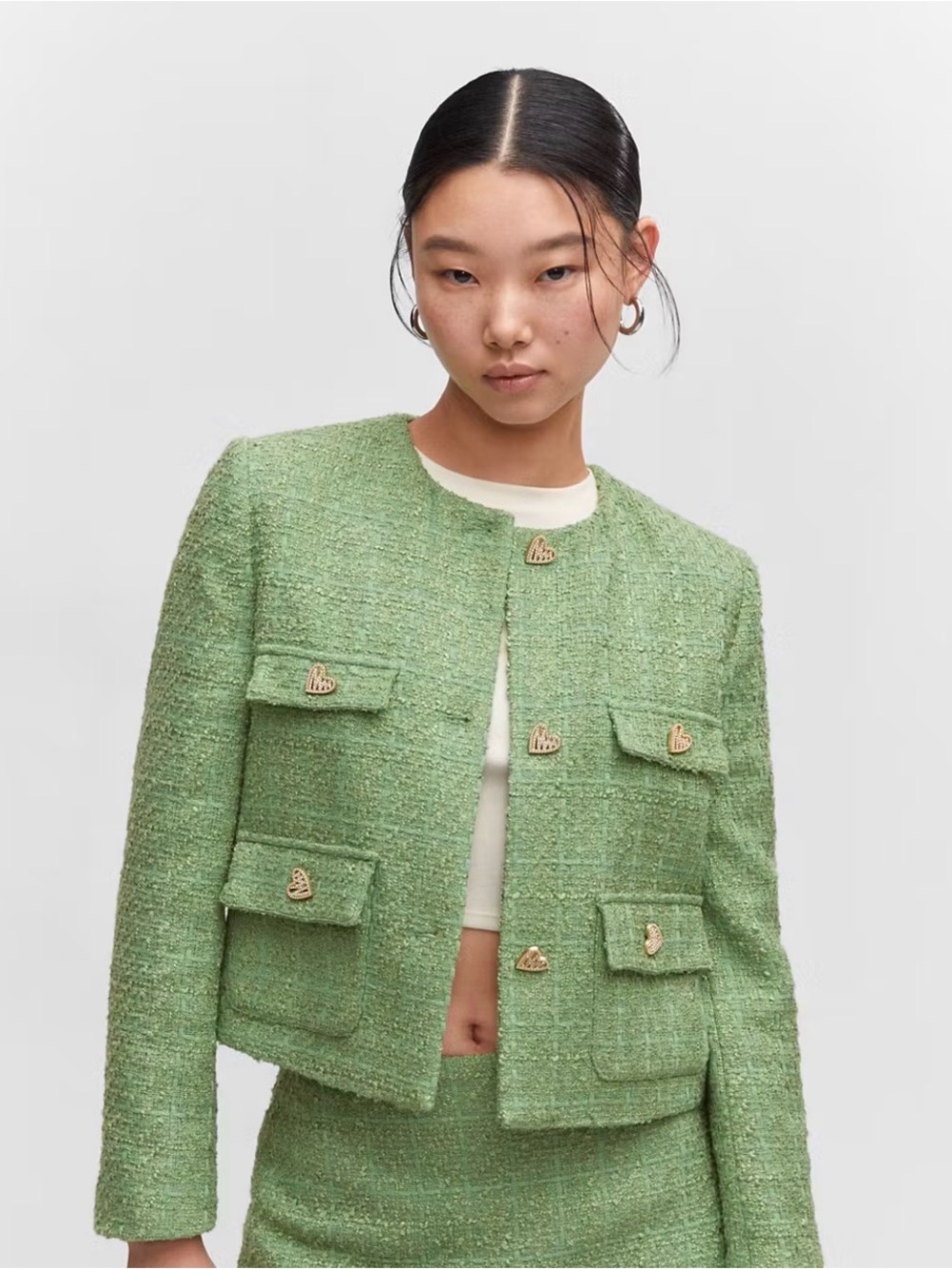 Mango Light Green Tweed Bouclé Cropped Jacket in Like New Condition Size M